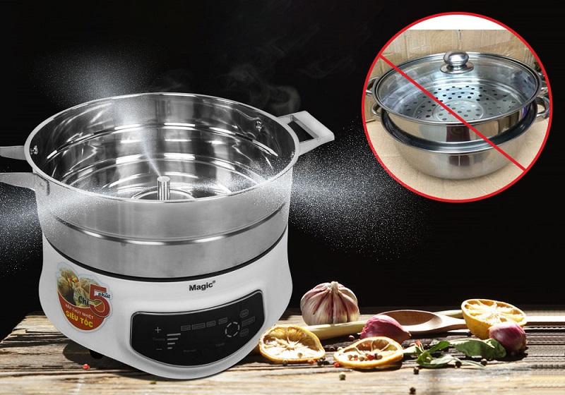 Khả năng nấu nhiều món cùng lúc và làm chín thức ăn nhanh bằng phương pháp thuỷ nhiệt siêu tốc khiến nồi Magic Korea A67 được yêu thích sử dụng 