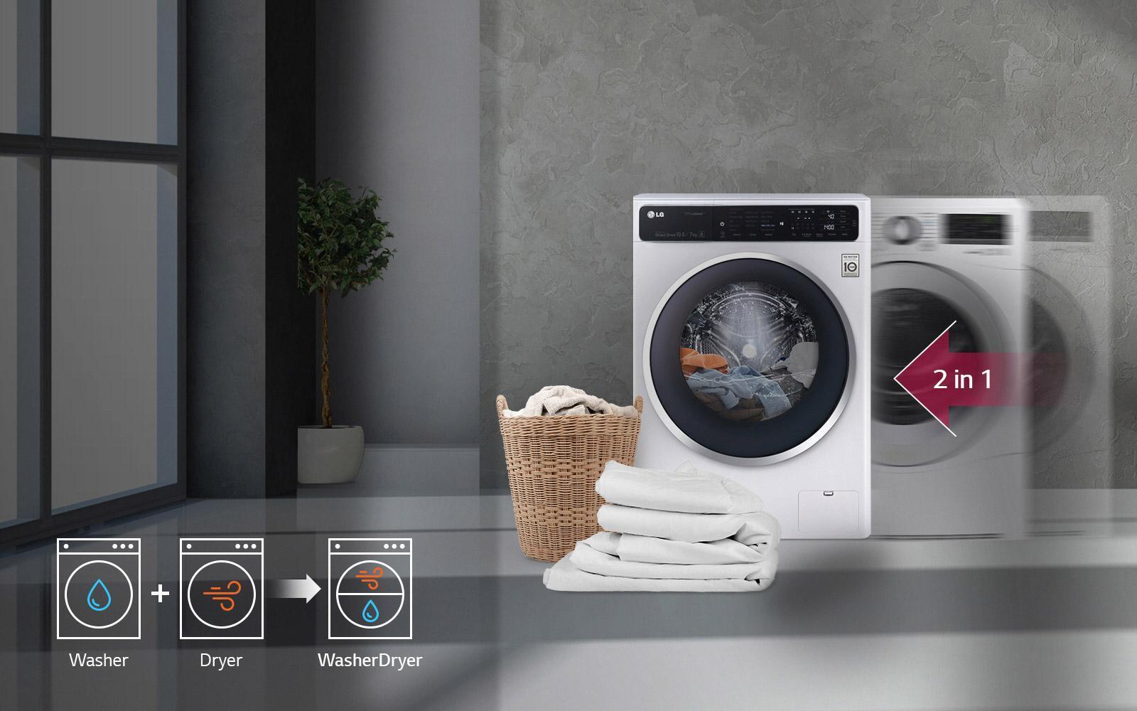 Máy giặt sấy tích hợp cả hai tính năng đó là làm sạch quần áo qua bước giặt đồng thời sấy khô quần áo
