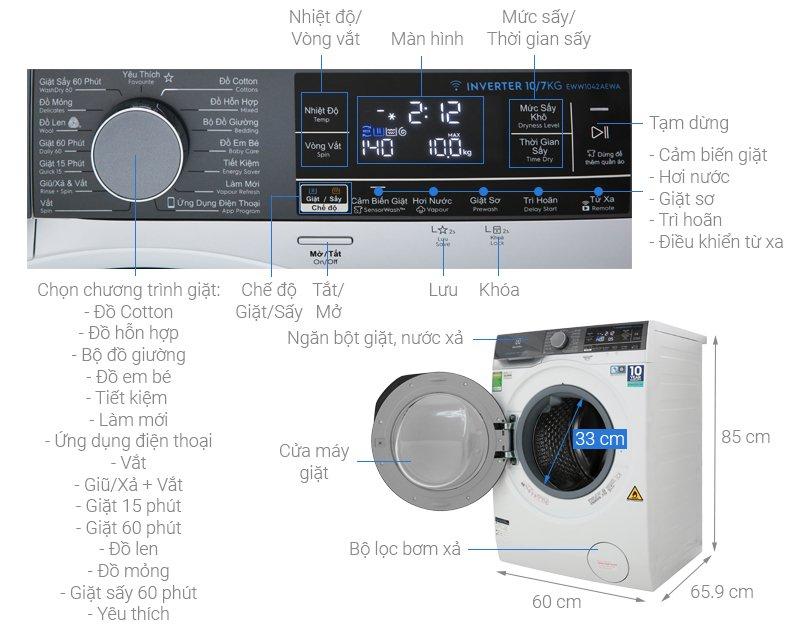 Máy giặt sấy Electrolux EWW1042AEWA, 10kg, Inverter hiện đại giúp giặt quần áo sạch sẽ 