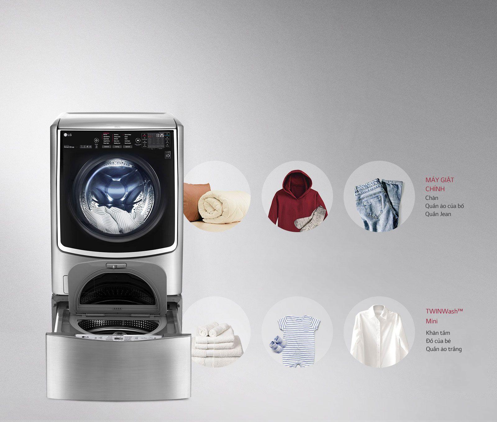Máy giặt lồng giặt đôi được trang bị 2 lồng giặt khác nhau nhưng lại có thể vận hành đồng thời hoặc riêng biệt 