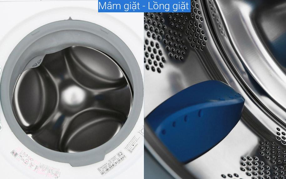 Lồng máy giặt bằng thép không gỉ nên rất chắc chắn và an toàn với áo quần