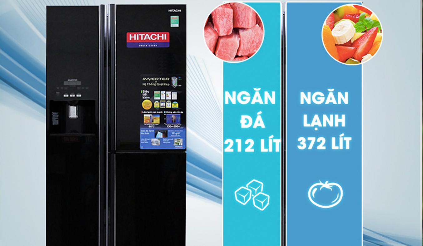 Tủ lạnh Hitachi 584 lít có dung tích lớn cho phép người dùng lưu trữ thực phẩm thoải mái 