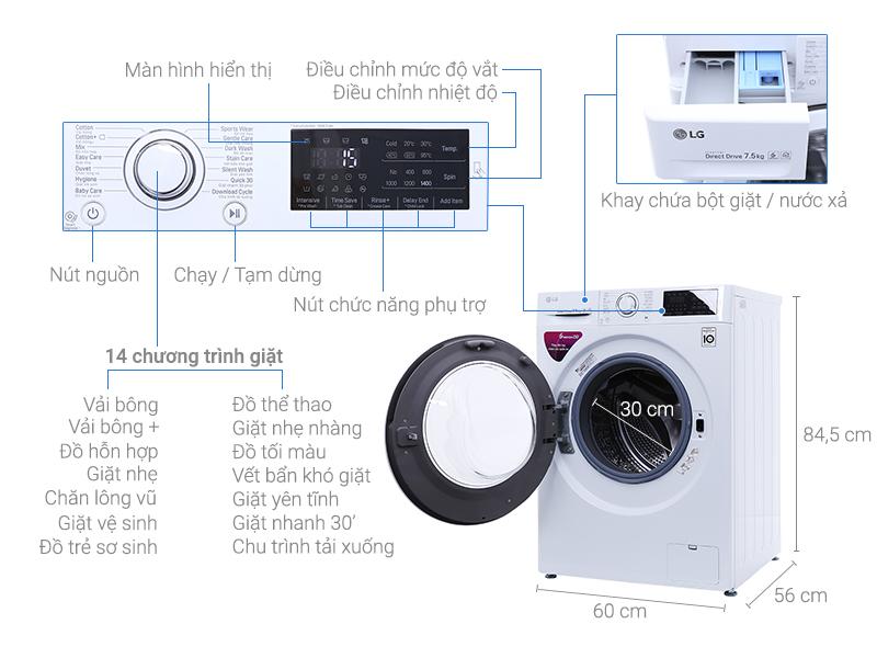 Máy giặt lồng ngang LG FC1475N5W2, 7.5kg, Inverter
