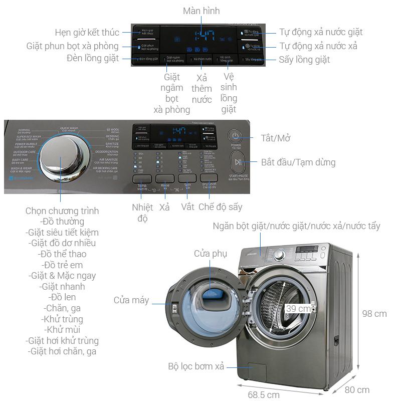 Máy giặt Samsung Add Wash Inverter 17 kg WD17J7825KP/SV tiết kiệm điện và đánh bay vết bẩn