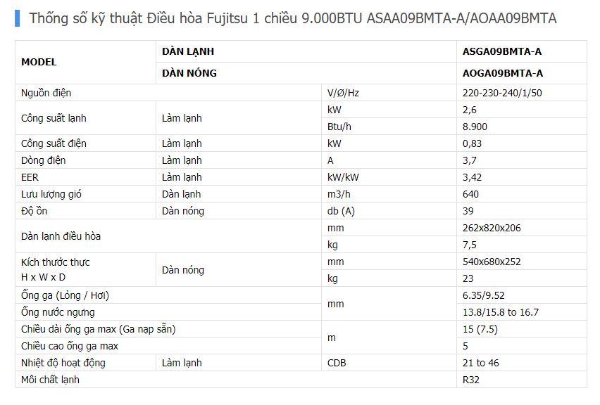 Thông số điều hòa Fujitsu ASAA09BMTA-A 